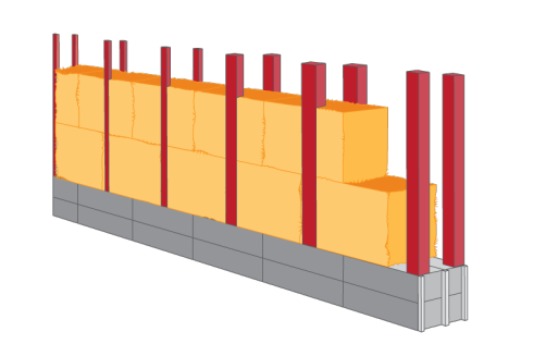 Schéma de de mur porteur avec ossature bois et isolant paille.