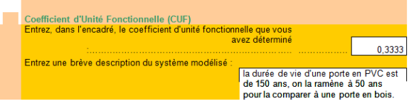 Capture d'écran de Bilan Produit ® montrant le e coefficient d'unité fonctionnelle dans le cas de la porte en PVC.